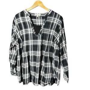 Woman Within Women Long Sleeve Knit Top Shirt 1X 22/24 Cotton Flannel B/W
